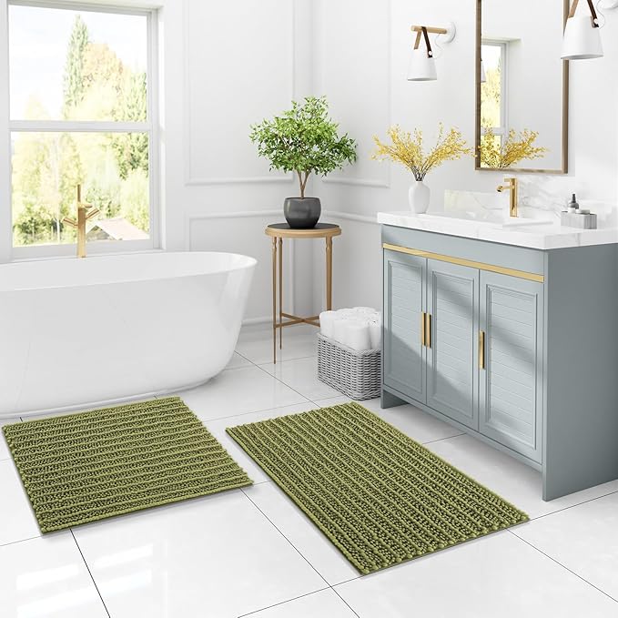 Arotive Luxury Chenille Bathroom Rug Mat, Extra Soft Thick Absorbent Shaggy Bath Rugs, Non-Slip Machine Wash Dry, Plush Bath Mats for Bathroom, Shower and Tub, 30x20, Willow Green