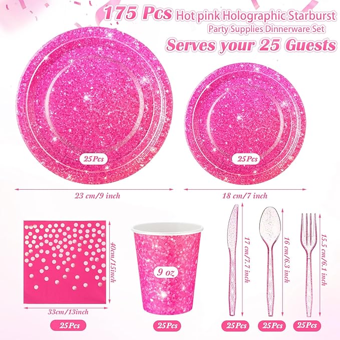 Hushee 175 Pcs Hot Pink Holographic Print Party Supplies Guests Disposable Dinnerware Set Include Paper Plates, Napkins, Cups, Plastic Cutlery for Wedding Birthday Disco Bachelorette