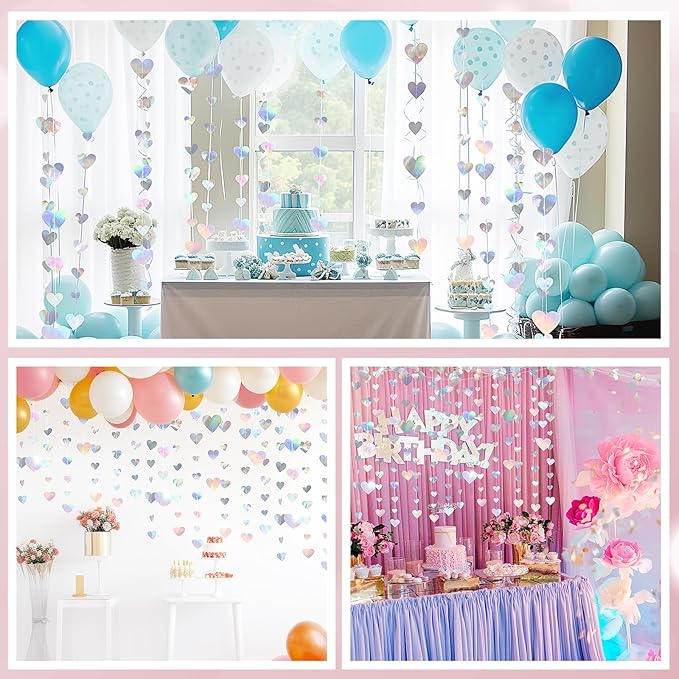 10 Pack 130ft Silver Holographic Heart Party Garland Asymmetrical Love Hanging Banners for Birthday Wedding Bachelorette Baby Bridal Shower Engagement Decorations