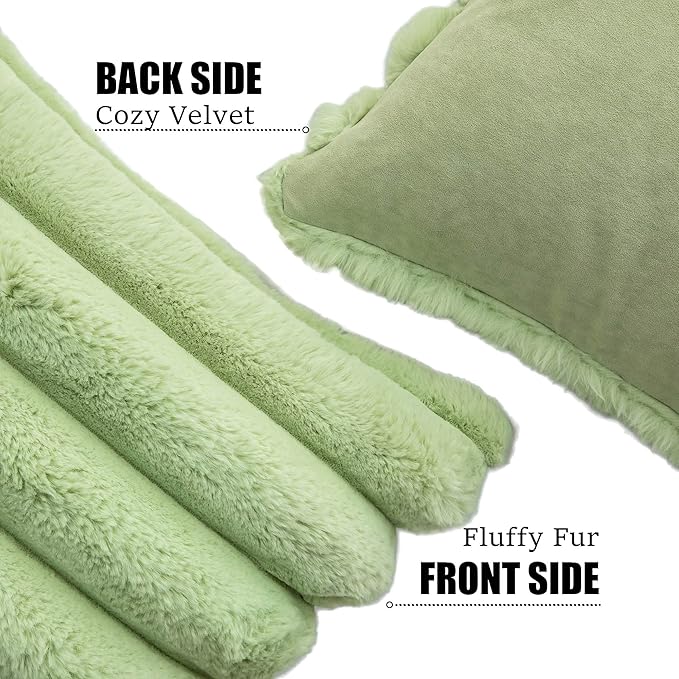 Neelvin Green Faux Fur Cozy Soft Striped Decorative Throw Pillow Covers 12x20 inch Set of 2,Velvet Pillowcase Cushion Case for Sofa Couch