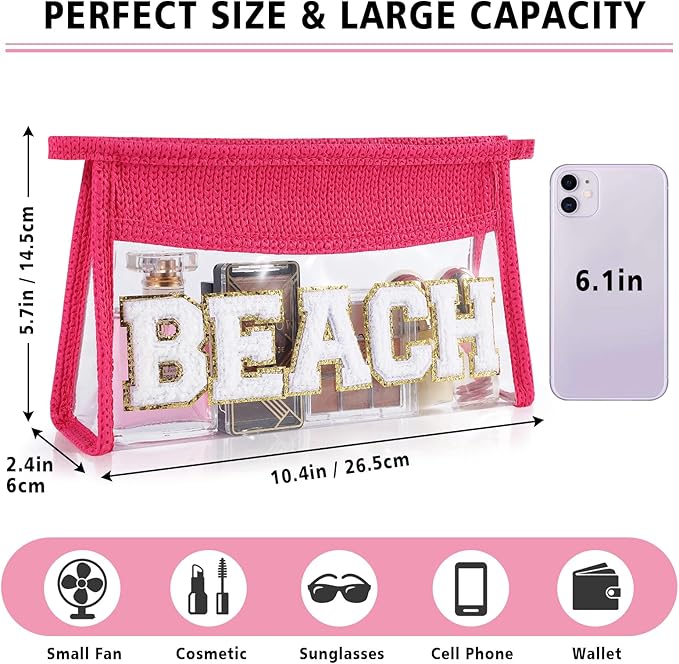 Beach Pouch Sunscreen Clear Makeup Bag Chenille Letter Beach Cosmetic Pouch Summer Essential Cute Toiletry Pouch Travel Accessories Gifts for Women