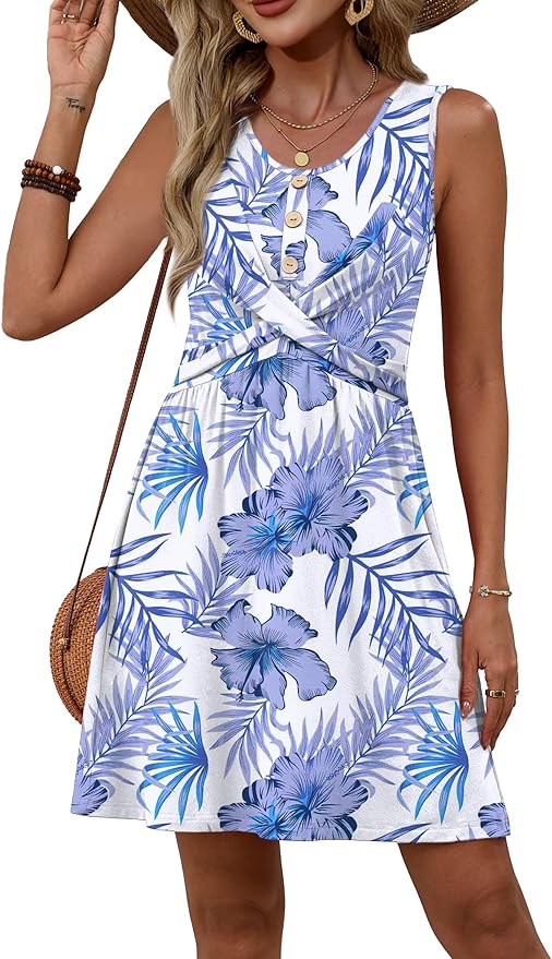 OFEEFAN Summer Dresses for Women Beach Fashion Sundresses Babydoll Dress Button Down Boho Dresses Cute Cross