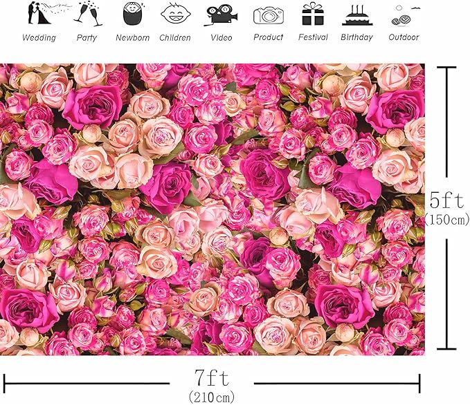7x5FT Pink Red Rose Floral Wall Backdrop Flowers Photography Background Mothers Day Valentine's Day Backdrop Girls Birthday Party Baby Shower Wedding Decoration Banner