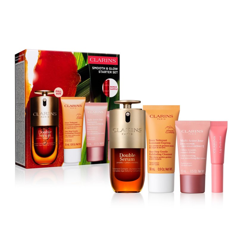 Clarins Smooth and Glow Starter Set | Amazon Exclusive 5-Piece Skincare Set | Includes Full Size Double Serum 1 Ounce | $105 for Value of $142