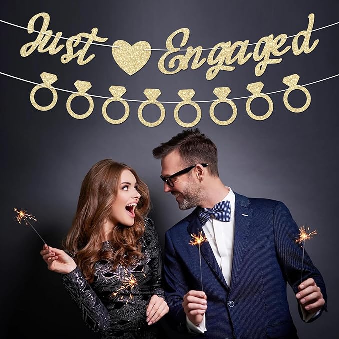 Just Engaged Banner, No DIY, Glitter Champagne Gold Engagement Party Decorations and Diamond Ring Banner Sign for Bridal Shower Wedding Shower Bachelorette Party Decorations.