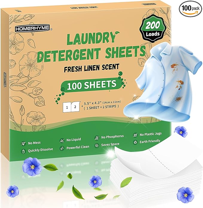 HOMERHYME Laundry Detergent Sheets - Fresh Linen Scent, 200 Loads (100 Sheets), Plastic Free Laundry Sheets for Travel, Dorms, Home, Apartments, Eco & Hypoallergenic