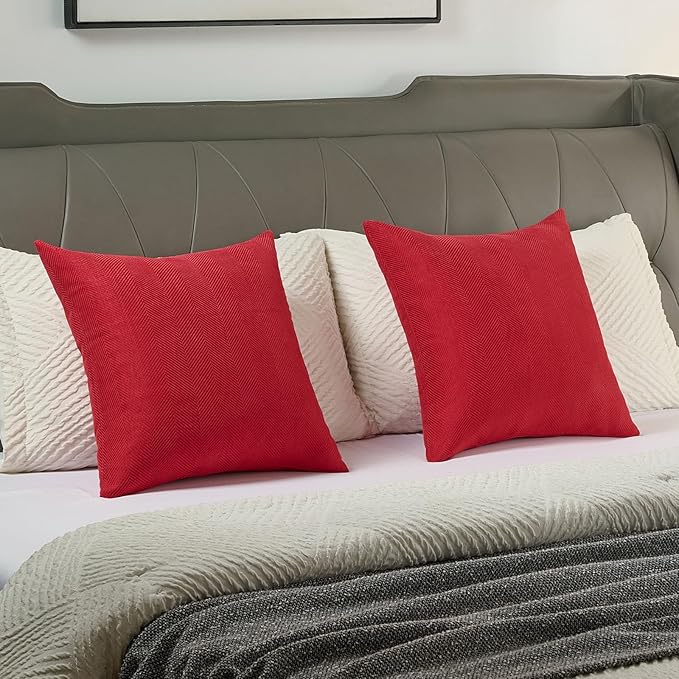 FUTEI Christmas Red Chenille Throw Pillow Covers 20x20 Inch Set of 2,Soft Wide Chevron Textured Cushion Case,Farmhouse Home Decor for Couch Bed Living Room