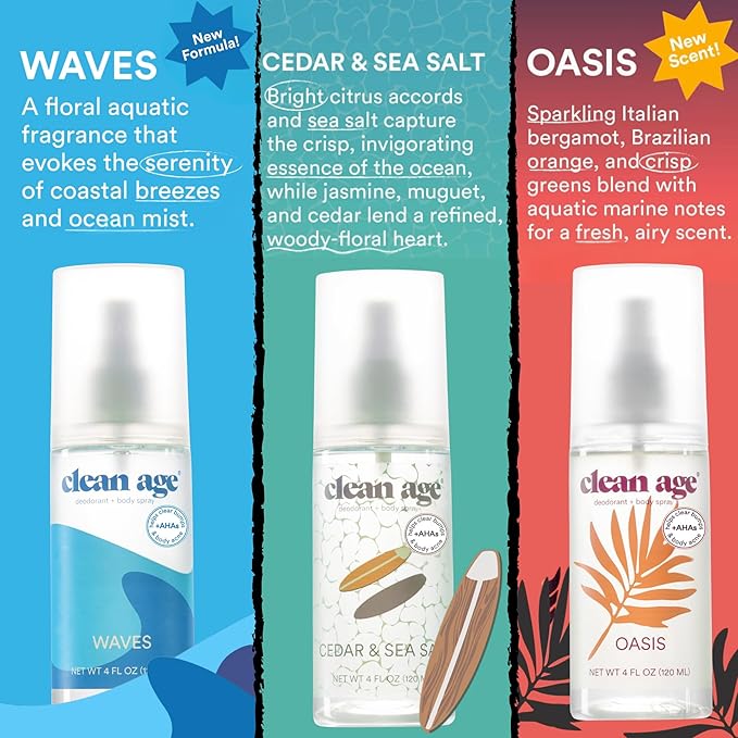 Aluminum Free Deodorant & Body Spray for Whole Body - 3 Pack 4oz ea - Cedar, Oasis and Waves - Clean Deodorant and Body Spray for Teen Boys and Girls - With AHA Fights Body Acne