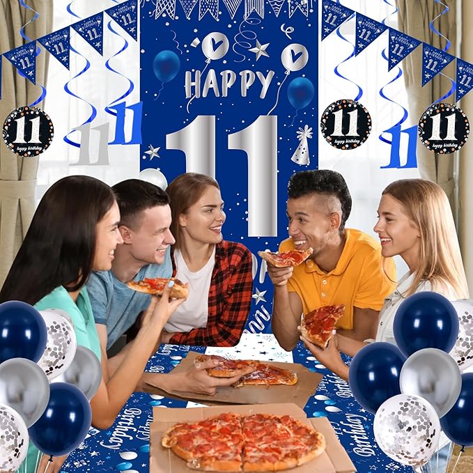 11th Birthday Decorations for Boys Girls, Blue Silver Happy 11th Birthday Decorations Set with 11th Birthday Backdrop Banner Tablecloth Balloons Triangle Flag, 11 Year Old Boy Party Decor Supplies