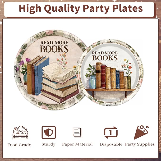 Rakuto Book Themed Party Tableware Decorations, 96PCS Book Club Paper Plates Napkins and Forks, Library Reading Club Party Decor, Serve 24