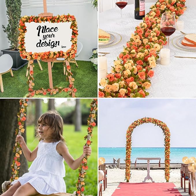 MARTINE MALL Flower Vines, 5 Strands 41Ft Rose Vines for Bedroom, Champagne and Orange Floral Garland for Room Birthday Wedding Party Garden Wall Decor