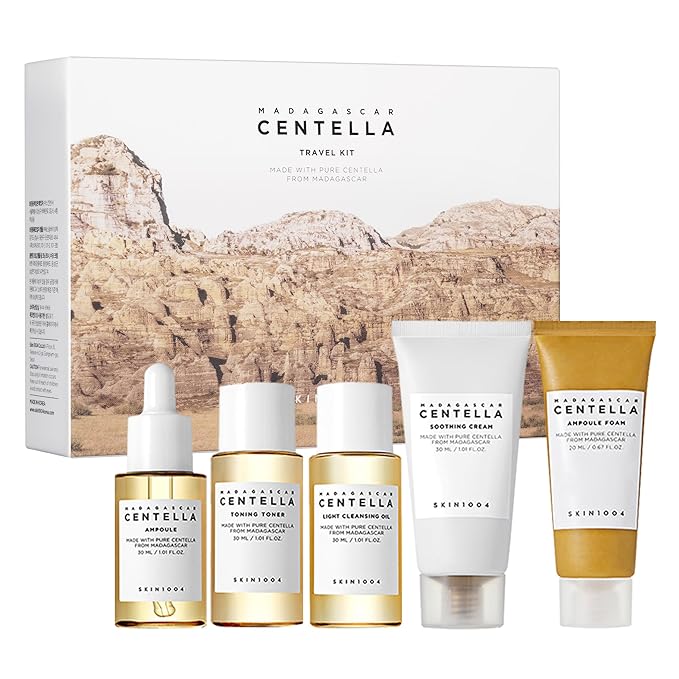 SKIN1004 Centella Travel Kit, Korean Skin Care Set with Toner, Moisturiser, Serum, Cleansing Oil & Cleanser, Travel Size Set with Madagascar Centella, Sensitive Skin, Perfect for Travel Beauty & Gifts