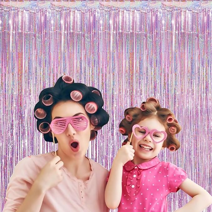 3Pack Pink Foil Fringe Curtain Backdrop - 3.3ft x 8.3ft Metallic Tinsel Photo Booth Decor for Bachelorette Party Decorations