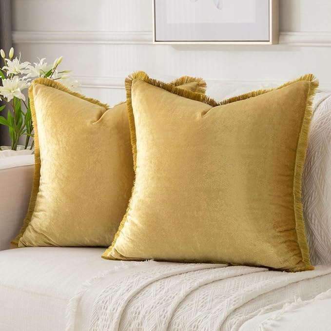 FUTEI Christmas Gold Velvet Decorative Throw Pillow Covers 16x16 Set of 2,Soft Cozy Edge with Tassels Cushion Case,Boho Modern Home Decor for Couch Bed Living Room