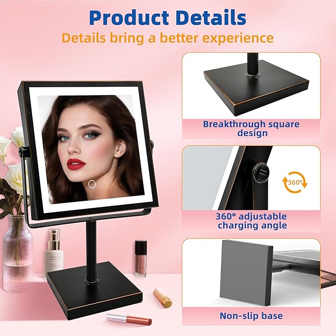 Ruacq Rechargeable Makeup Mirror, 4000mAh Lighted Makeup Mirror with Magnification 1X/10X, Height Adjustable Vanity Mirror with Lights, 3 Color Lights, Adjustable Brightness, (Oil Rubbed Bronze)