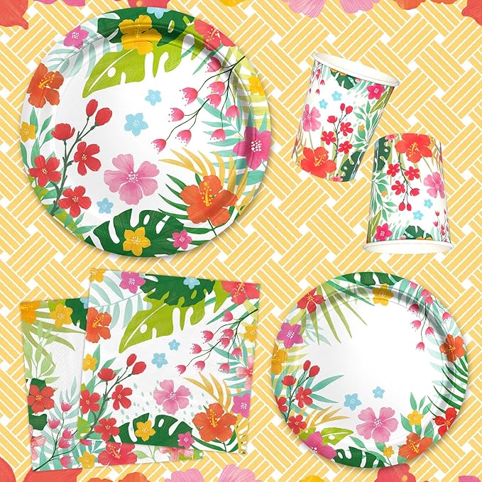 Tropical Luau Party Supplies Kit for 25 - Aloha Hawaiian Party Decorations with Disposable Paper Plates, Napkins, Cups, Tablecloth, and Banner | BBQs & Summer party