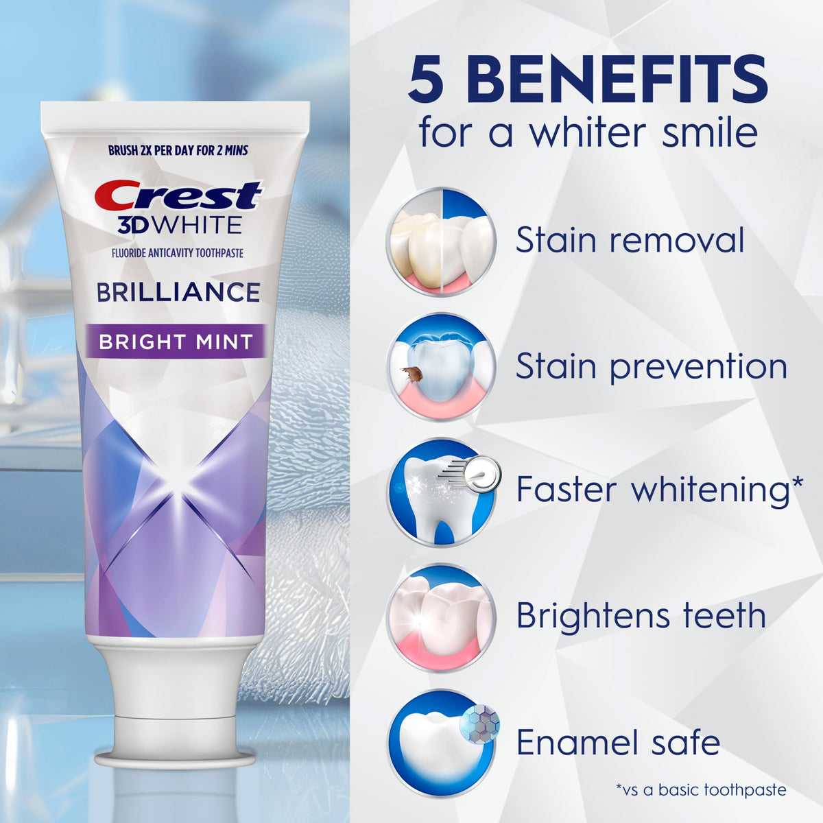 Crest 3D White Brilliance Bright Mint Teeth Whitening Toothpaste, 4.3 oz Pack of 3, 100% More Surface Stain Removal, 24 Hour Active Stain Prevention, Whiter Teeth in 3 Days