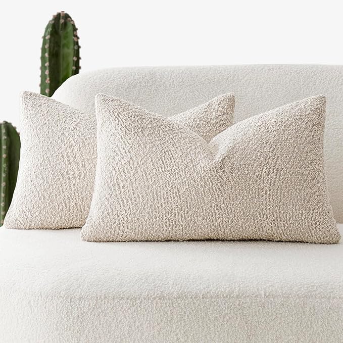 Foindtower Pack of 2 Textured Boucle Throw Pillow Covers Accent Solid Lumbar Pillow Cases Cozy Soft Decorative Couch Cushion Case for Chair Sofa Bedroom Living Room Home Decor, 12 x 20 Inch,Beige
