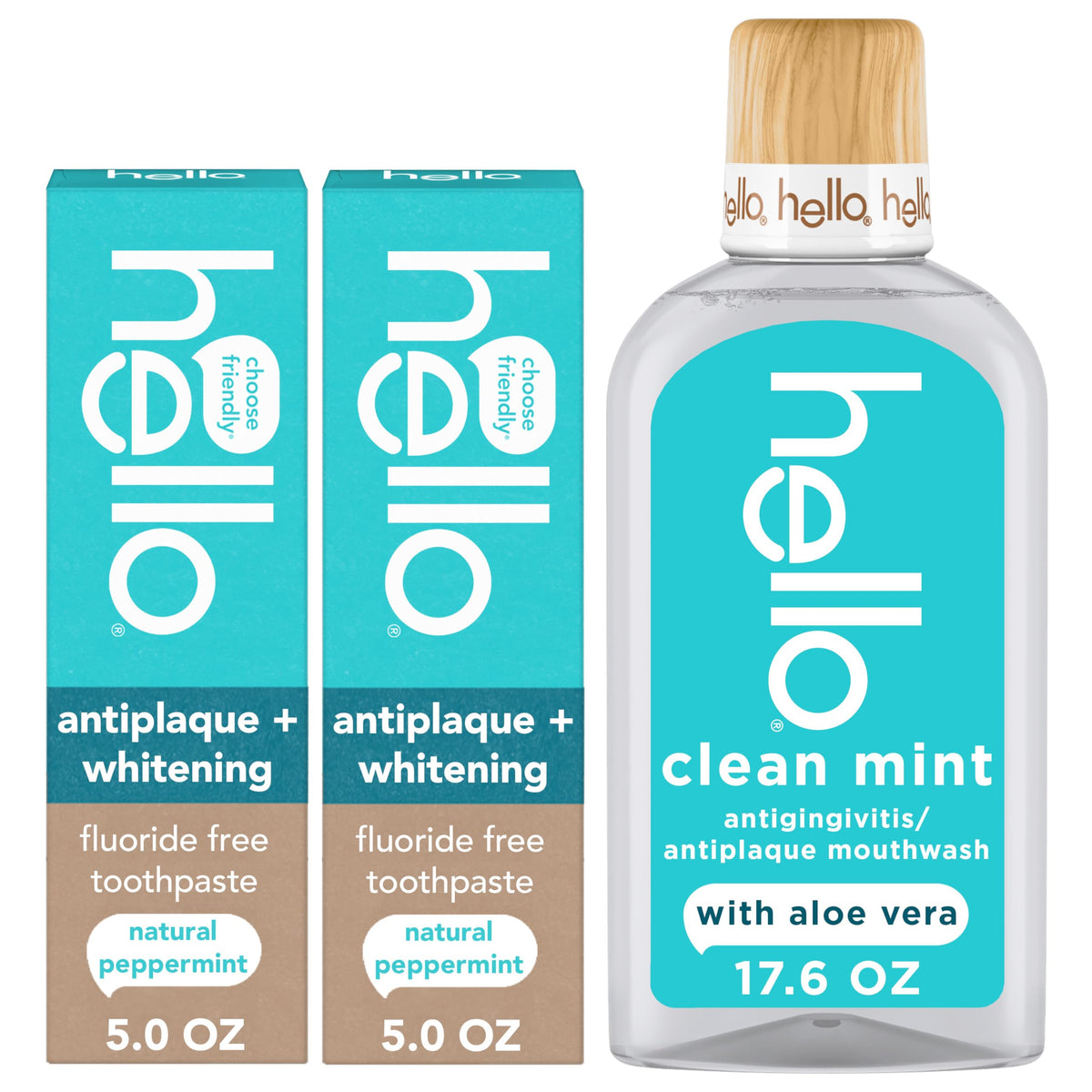 Hello Antiplaque Whitening Fluoride Free Toothpastes and Clean Mint Alcohol Free Mouthwash Bundle Pack, Whitening Toothpaste and Antigingivitis Gum Mouthwash Pack, No Alcohol for Zero Burning