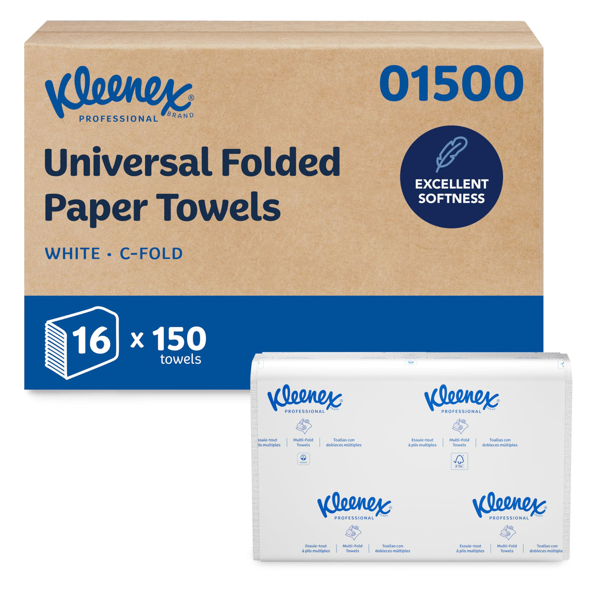 Kleenex Professional Universal C-Fold Folded Paper Towels, Bulk (01500), Absorbent, White (150 Sheets/Pack, 16 Packs/Case, 2,400 Sheet Total)