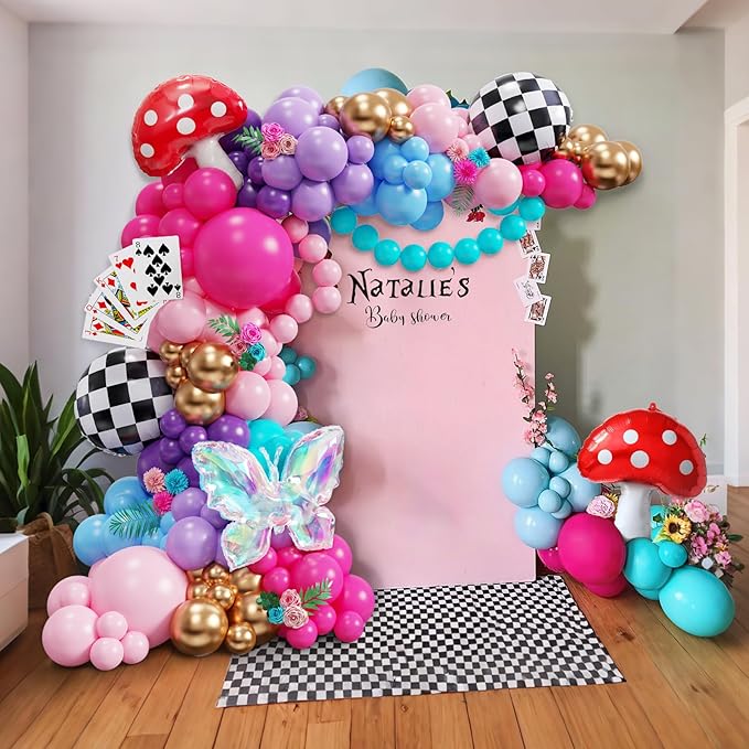 Fairy Wonderland Balloon Arch Kit,163Pcs Purple Hot Pink Balloon Garland with Iridescent Butterfly,Mushroom,Chessboard Foil Balloons for Alice Princess Birthday Onederland Garden Tea Party Decorations