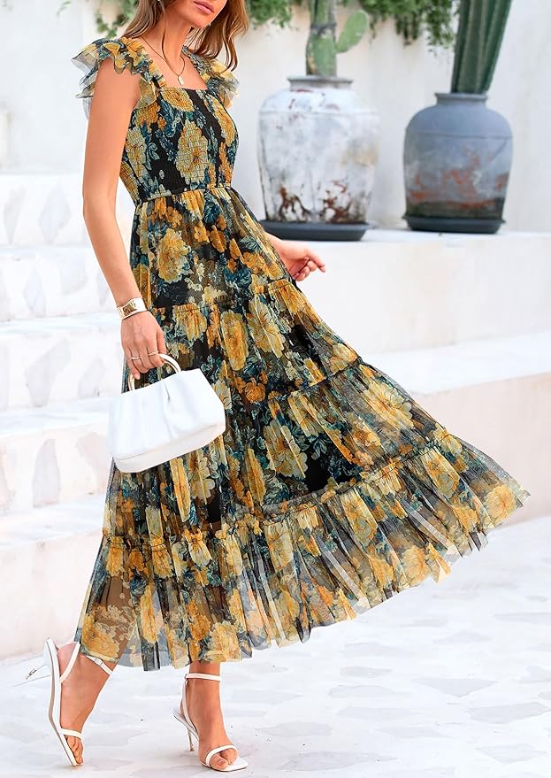 PRETTYGARDEN Women's Summer Tulle Midi Dress Sleeveless Smocked Ruffle Flowy Mesh Dresses Party Wedding Guest Sundress