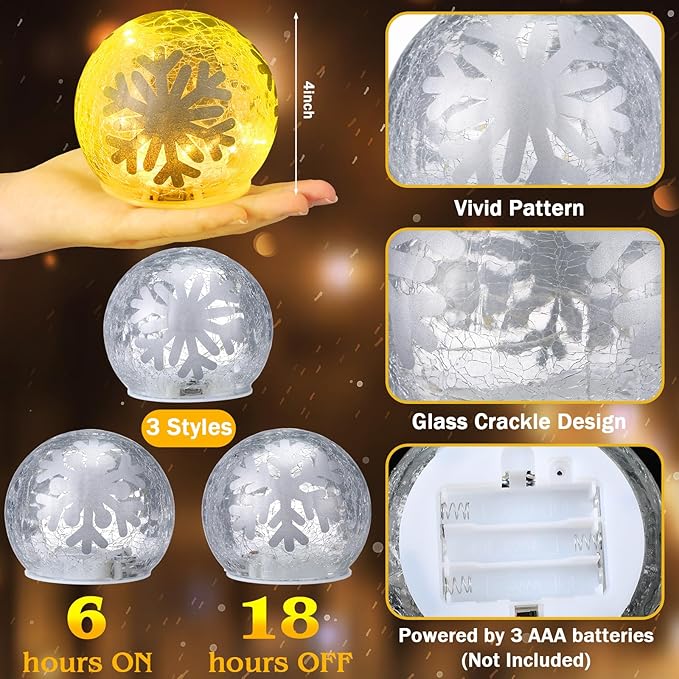 3 Pcs Winter Decorations Indoor 4 Crackle Snowflakes Glass Globe Ball Lamp Night Lights with LED Timer Battery Operated Lighted Decorative Tabletop Decor for Table Home Centerpiece Party Gift