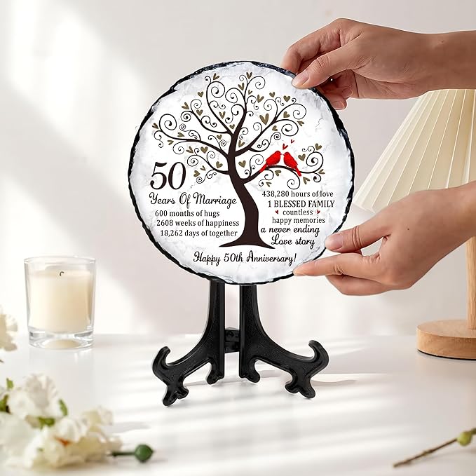 Golden Couple Slate Plate – 50th Wedding Anniversary for Parents, Gifts for Husband and Wife – Unique Decorative Keepsake Sign to Celebrate 50 Years of Love and Marriage