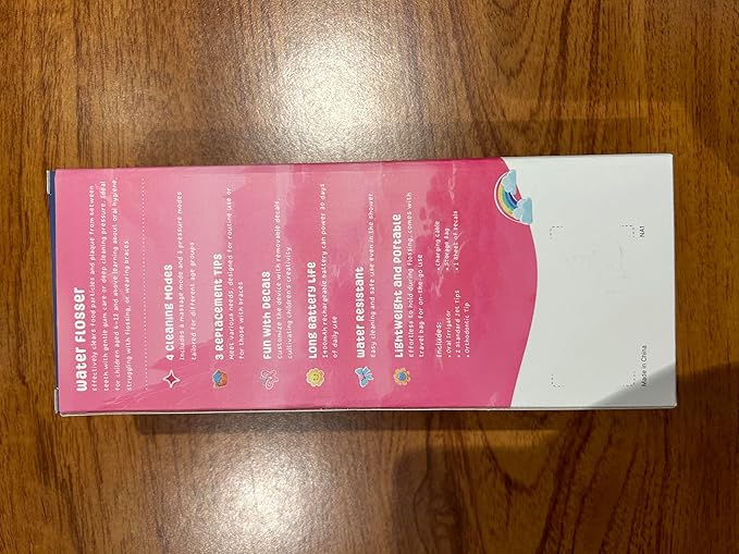 Kids Water Flosser Pink, Rechargeable Oral Irrigator for Kids Aged 6+, 4 Modes, 3 Jet Tips, Fun Stickers, Safe and Gentle Oral Care