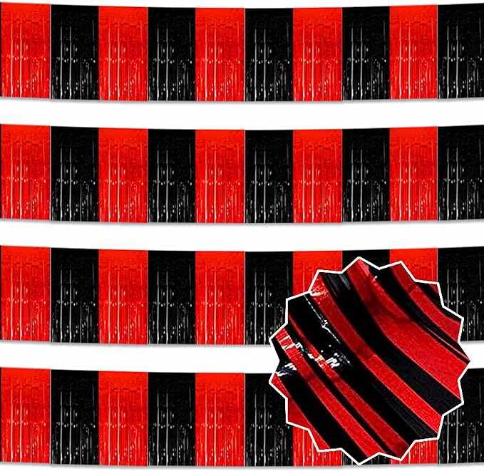 4 Pack 10 Ft Black and Red Foil Fringe Garland Metallic Streamers Tinsel Banner Wall Hanging Garland Backdrop for Parade Floats, Halloween, Christmas, Thanksgiving, New Year Party Decorations