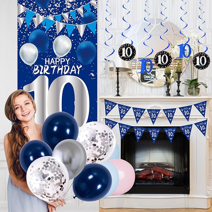 10th Birthday Decorations for Boys Girls, Blue Silver 10th Birthday Decorations Backdrop with Happy 10th Birthday Banner, Number 10 Hanging Swirls, Triangle Flag, 10 Years Old Party Decor Supplies