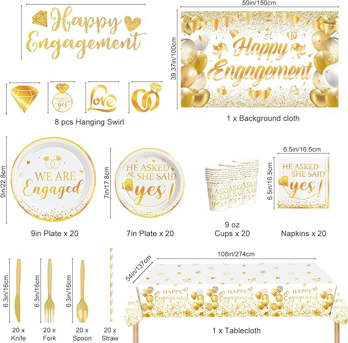 Engagement Party Decorations, Happy Engagement Party Supplies Kit, He Asked She Said Yes Paper Plates Napkins Disposable Dinnerware Tablecloth Backdrop for Wedding Proposal Party Decor, Serve 20