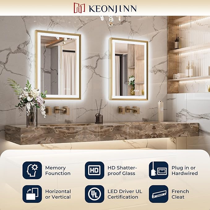 Keonjinn 48” x 36” LED Bathroom Mirror with Frontlit & Backlit, Gold Metal Framed Lighted Mirror with Stepless Dimmable 3-Color Temperatures, Anti Fog, UL-Listed Driver, No Dark Corner