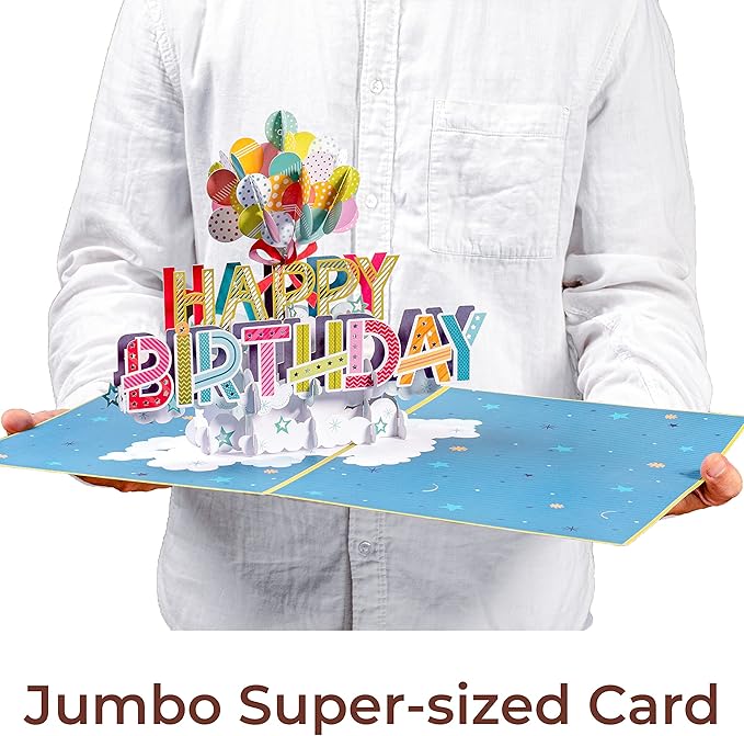 Paper Love HugePop Jumbo Supersized Pop Up Birthday Card, Happy Birthday Balloons, 10"x14" Cover - Includes Envelope and Note Tag
