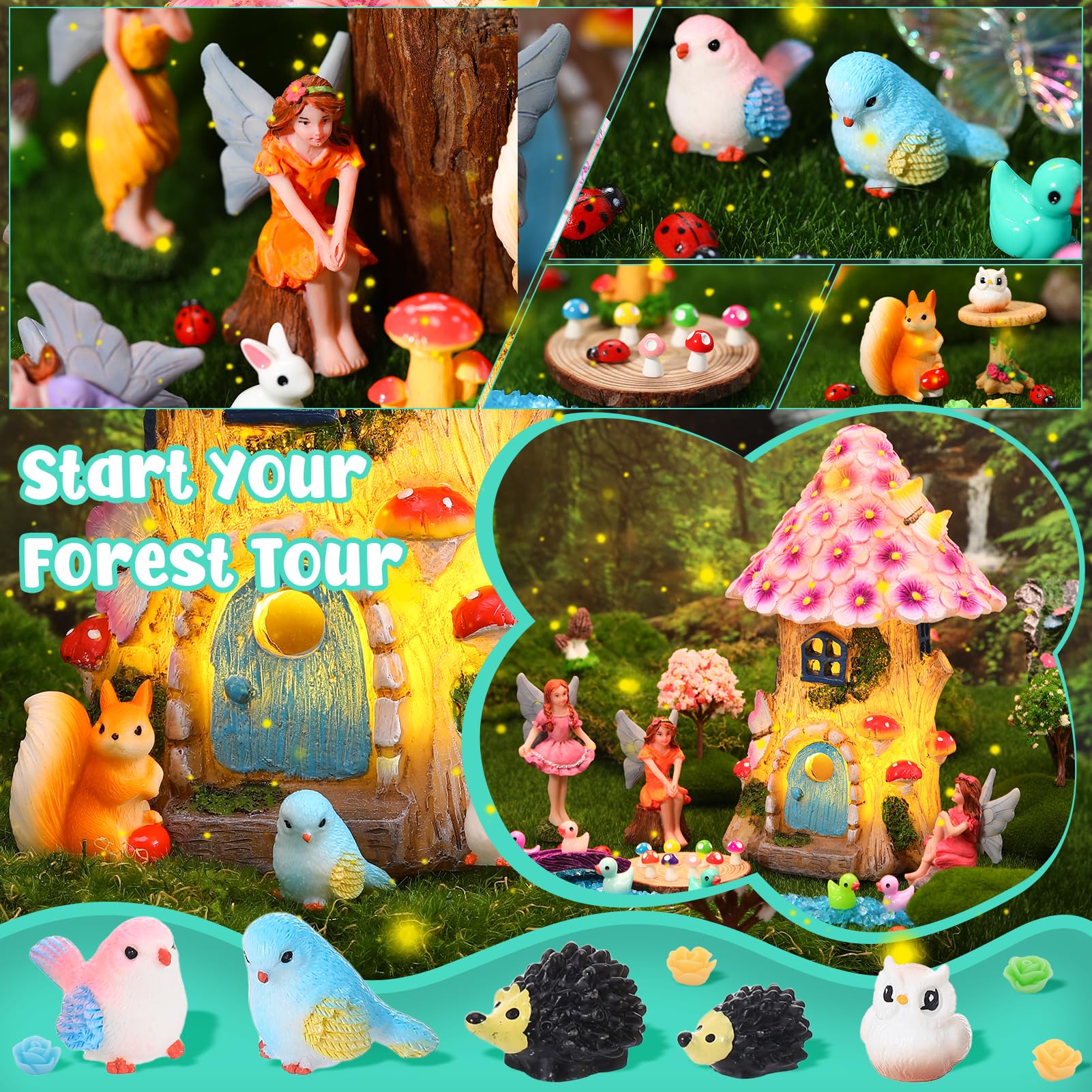 GGSTDDUP 70 Pcs Fairy Garden House Resin Kit Glowing Tree House Miniature Garden Fairy Animals Garden Accessories Decor Outdoor Mini Landscape Ornaments