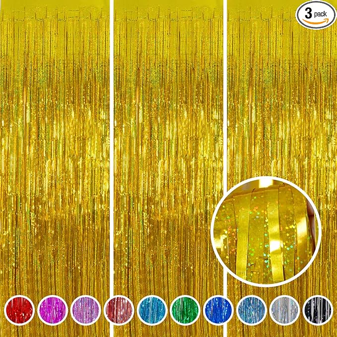 Graduation Decorations 2026 Foil Fringe Curtains - Melsan 3 Pack 3.2 x 8.2 ft Gold Tinsel Curtain Party Photo Backdrop for Birthday Party Happy Retirement Baby Shower or Graduation