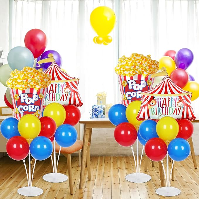 4 Sets Carnival Circus Party Balloons Stand Kit with Circus Tent Popcorn Foil Balloons Plim Theme Party Ball Balloon Centerpiece for Tables for Carnival Themed Birthday Baby Shower Decoration