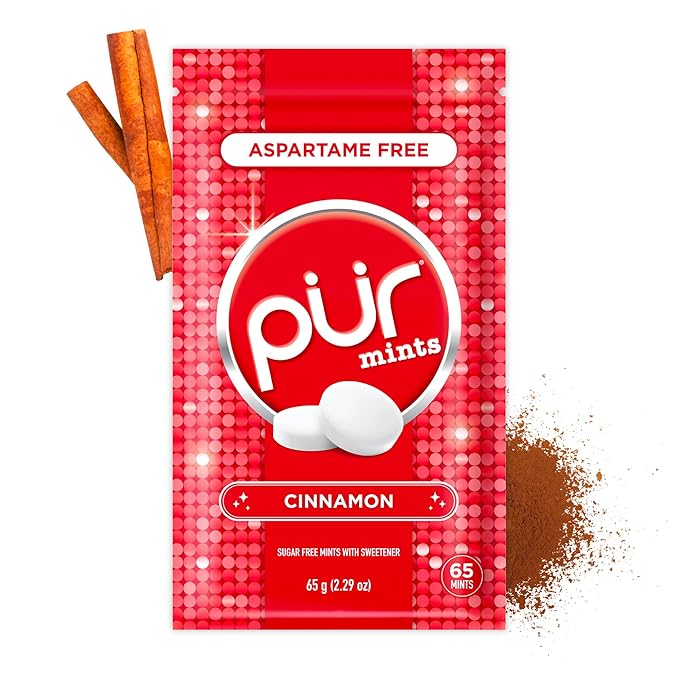 PUR Mints | Aspartame Free Breath Mints | Made with Xylitol | Sugar Free, Vegan, Gluten Free | Natural Cinnamon Flavor | 65 Pieces in Re-Sealable pouch (Pack of 1)