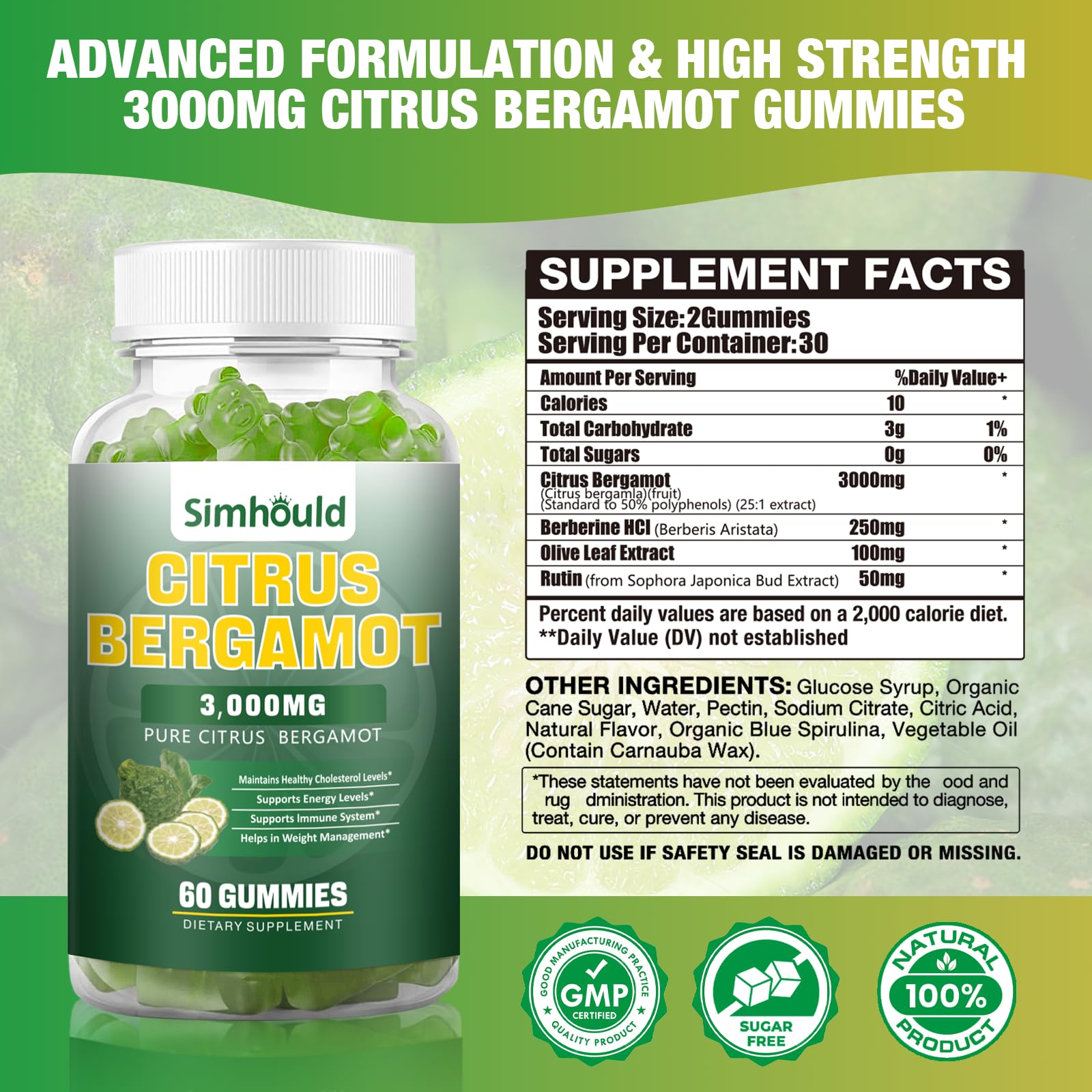 2 Pack Citrus Bergamot Gummies -3000MG Citrus Bergamot Extract Cholesterol Lowering Supplement for lmmune Support Healthy Anti-Aging, Hight Cholesterol Vegan Gummy 120 Counts Lime Flavor