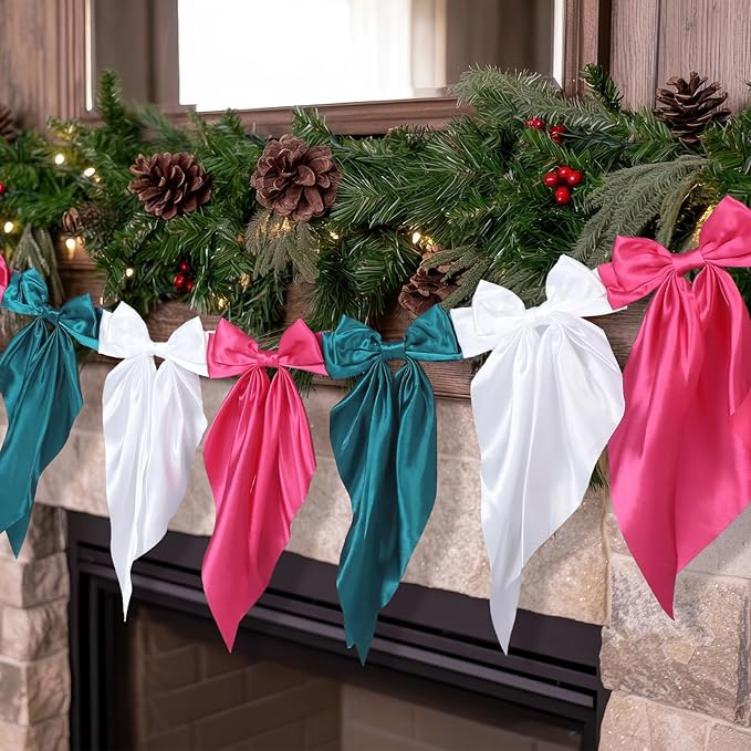 VitalCozy 1 PCS Christmas Bow Garland Banner, Satin Ribbon Hanging Party Bow Garland Decoration for Holiday Birthday Party Supplies