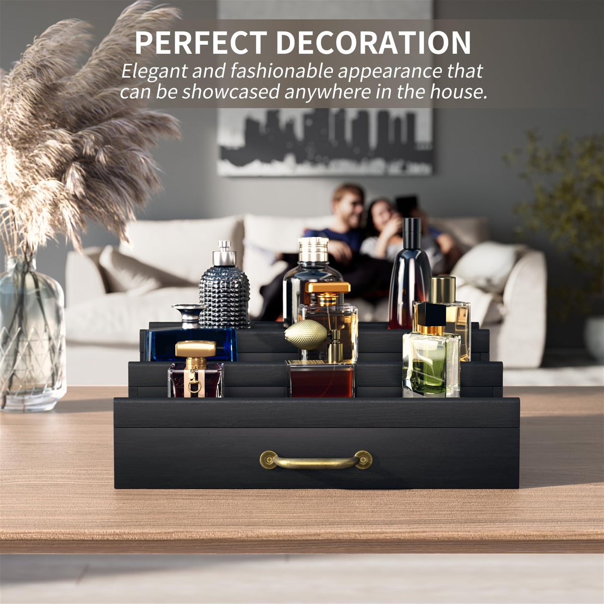 YIKIBOX Cologne Organizer for Men,Wooden Perfume Organizer with Hidden Compartment and Drawer,Cologne Stand and Storage Display Risers for Dresser,Great Gift for Men/Friend(Black)