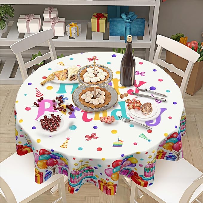 Happy Birthday Round Tablecloth 70 Inch Colorful Gift Birthday Hat Pattern Circle Table Cloth Holiday Table Cover Washable Polyester Decorations for Home Kitchen Dinning Party