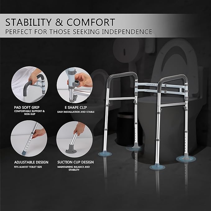 Toilet Safety Rails, Adjustable Toilet Frame for Elderly, Seniors, Handicap & Disabled, Foldable Handicap Toilet Handles Fit Any Toilets (300 LB)