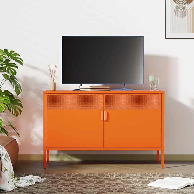 Orange Wide Metal Locker Storage Cabinet, 2 Door Metal Accent Cabinet for Home and Office, 2 Tier Low Metal Cabinet with Doors and Shelf, Multipurpose Metal Tv Stand Cabinet