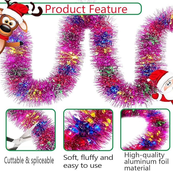 33Ft Long Tinsel Twist Garland Shiny Thick Metallic Foil Xmas Tree Decorations for Birthday Party Christmas New Year Parties Parade Floats and Other Holidays Hanging Decor Supplies-(Colours+Pink)