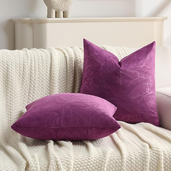 FUTEI Purple Velvet Throw Pillow Covers 26x26 Inch Set of 2,Soft Embossed Leaf-Relief Textured Euro Pillow Shams,Natural Home Decor for Couch Living Room