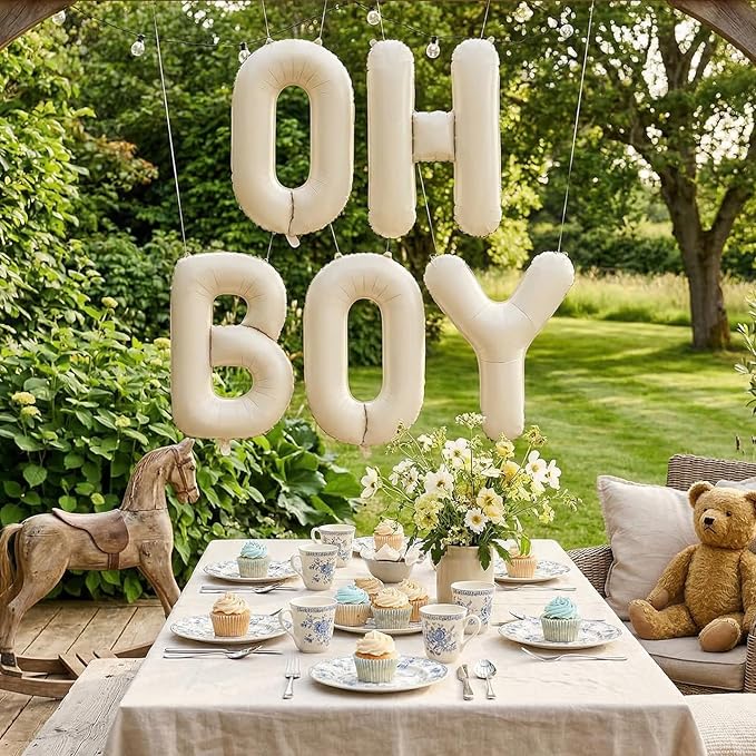 40 Inch Beige Oh Boy Balloons, Large Cream White OH BOY Balloon Letters, Neutral Ivory Sand White Big Alphabet Banner Sign Balloon for Boys Birthday Baby Shower Gender Reveal Party Decorations