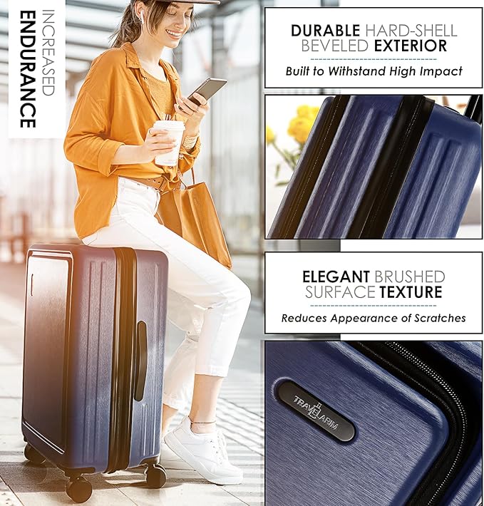 TRAVELARIM Hard Shell Luggage Sets with Spinner Wheels 4 Piece, Expandable Large Suitcases with TSA Lock, Travel Large Suitcase Set, Navy Luggage Set