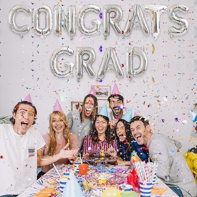2 Set 24Pcs Silver Congrats Grad Letter Balloons 16in Balloon Foil Letter Decorations Party Decor Silver Letter Balloons Congrats Grad Party Supplies