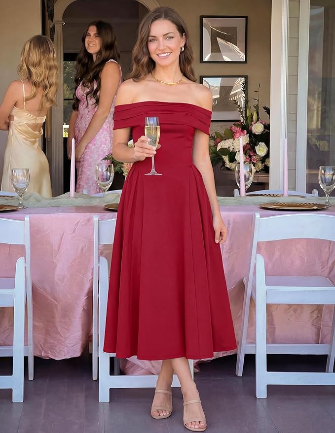 ZESICA Summer 2026 Cocktail Dresses for Women's Off Shoulder Short Sleeve Swing A Line Wedding Evening Party Midi Dress